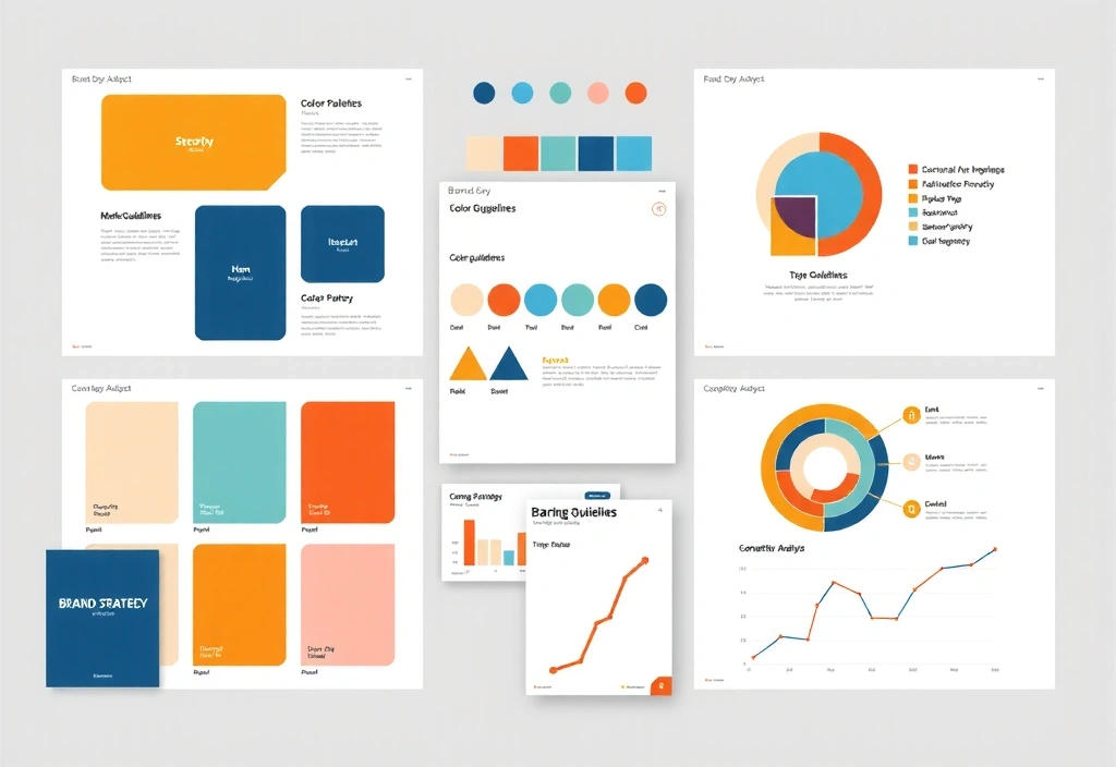 Brand strategy planning with mood boards, color palettes, typography samples, and brand guidelines