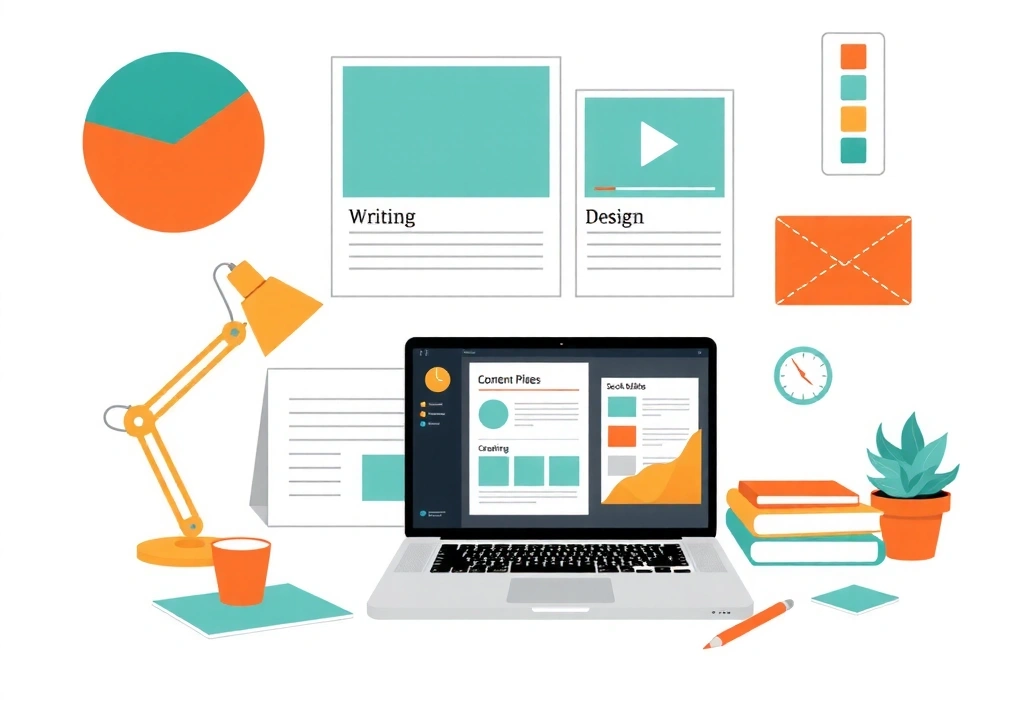 Content creation workspace with writing tools, design software, and video editing interface