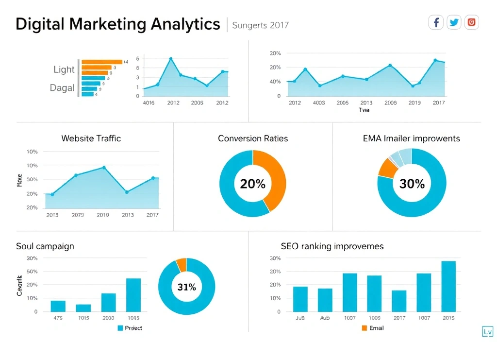 Digital marketing analytics dashboard showing performance metrics and growth charts