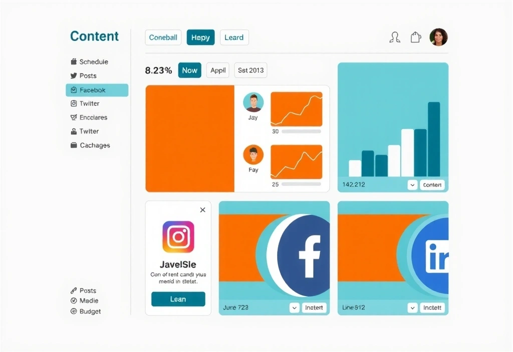 Social media content calendar and post planning interface with multiple platform previews
